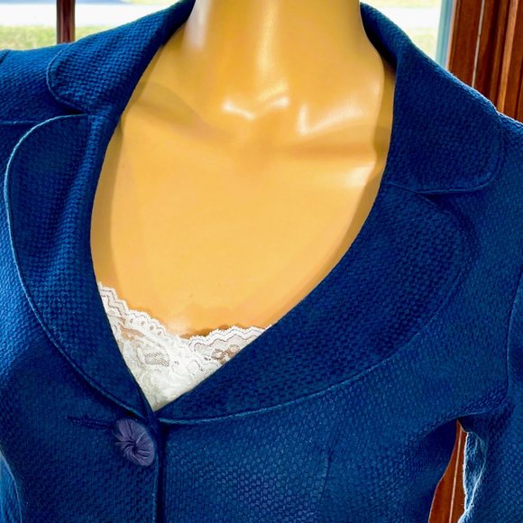 ▪️NANETTE LEPORE▪️Retro Navy Ruffle Bell Sleeve Textured Cotton Blend Blazer - Picture 3 of 6